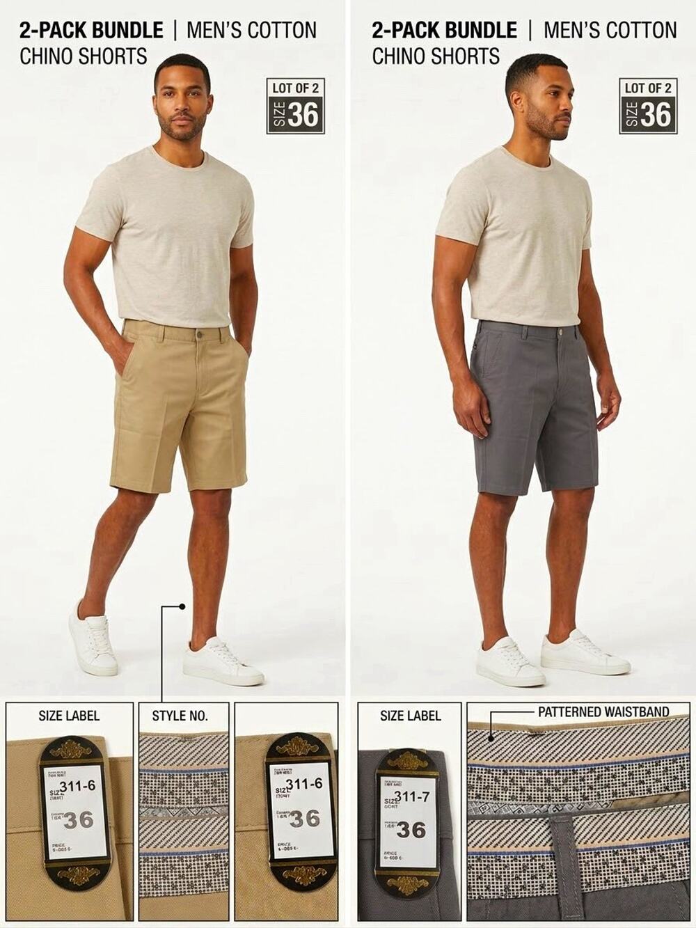 Lot of 2 Men's 100% Cotton Chino Shorts Size 36 Khaki Tan & Charcoal Gray NWT